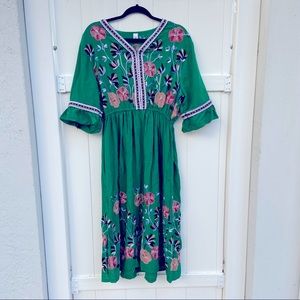 Shineflow Pink Floral Embroidered Green Elastic Waist Dress!